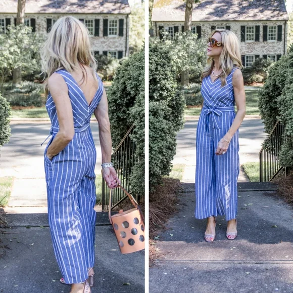 Loft Jumpsuit Belted Striped Wide Leg Jumpsuit Grey White 8 - Picture 4 of 9